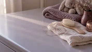 Kommode med et strikket babyteppe, en myk babybørste og noen lange, løse hårstrå på et musselinstoff i morgenlys