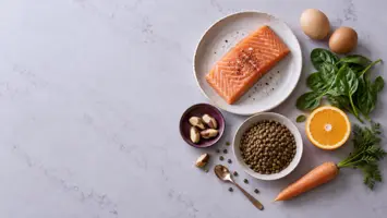 Matvarer sett ovenfra på lys stein: laksefilet, egg, spinat, linser, paranøtter, en halv appelsin og en gulrot