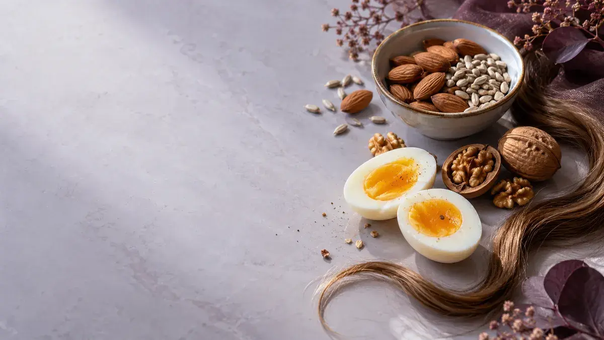 Matvarer med biotin på lys stein: et kokt egg delt i to, en skål med mandler og solsikkefrø, valnøtter og en lang hårlokk