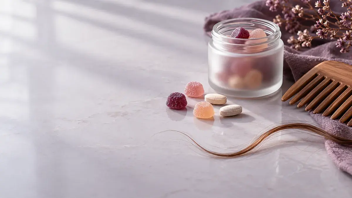 Umerket frostet glasskrukke med pastellfargede vingummier og lyse tabletter på lys stein, ved siden av en trekam og et langt hårstrå